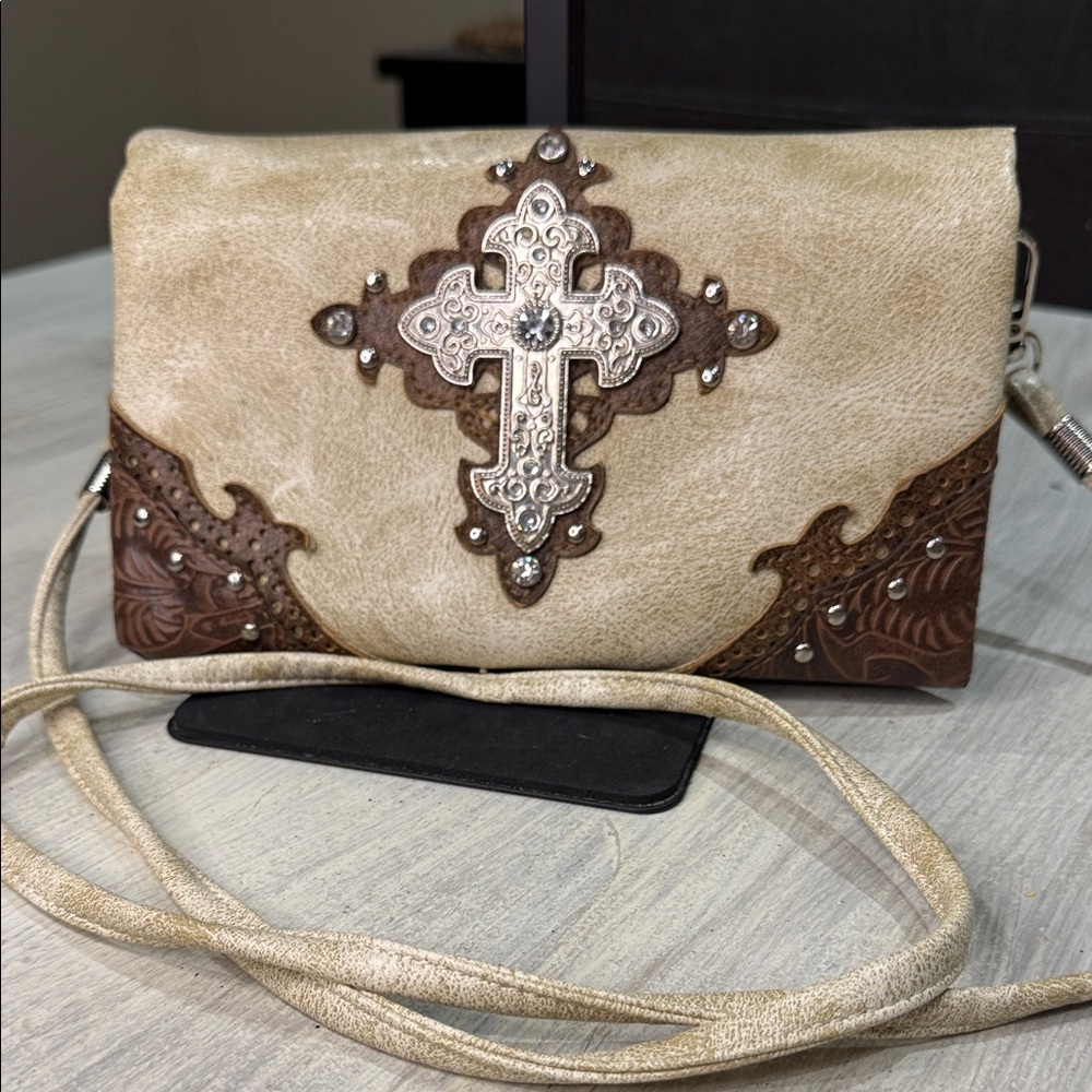 Beige Crossbody Bag with Decorative Cross Accent